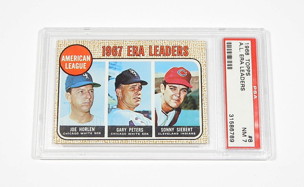 1968 Topps Joe Horlen / Gayr Peters / Sonny Siebert #8 AL ERA Leaders PSA 7