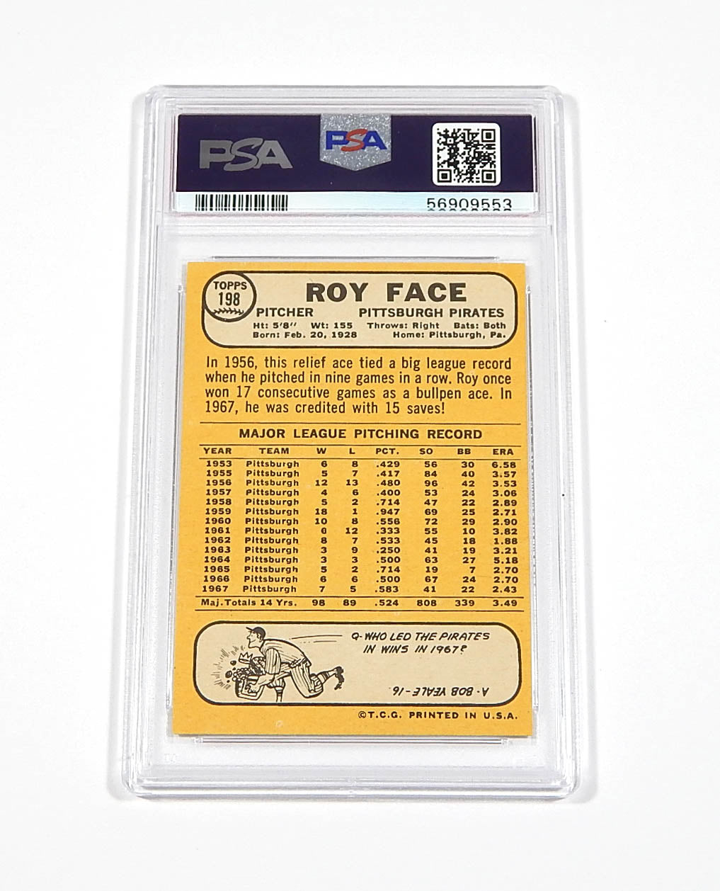 1968 Topps Roy Face #198 Pirates PSA 7 Pic2