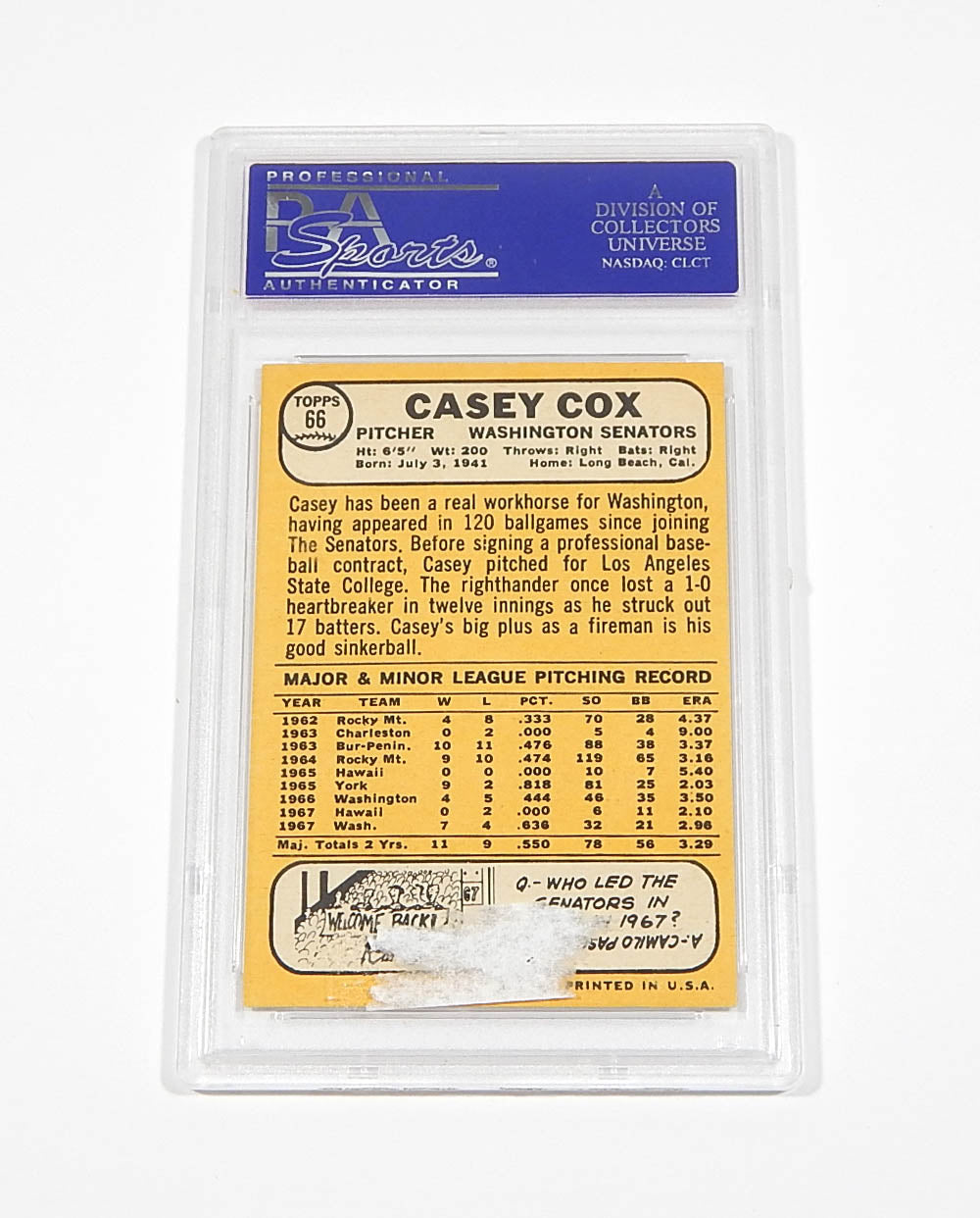 1968 Topps Casey Cox #66 White Team Letters PSA 7 Pic2