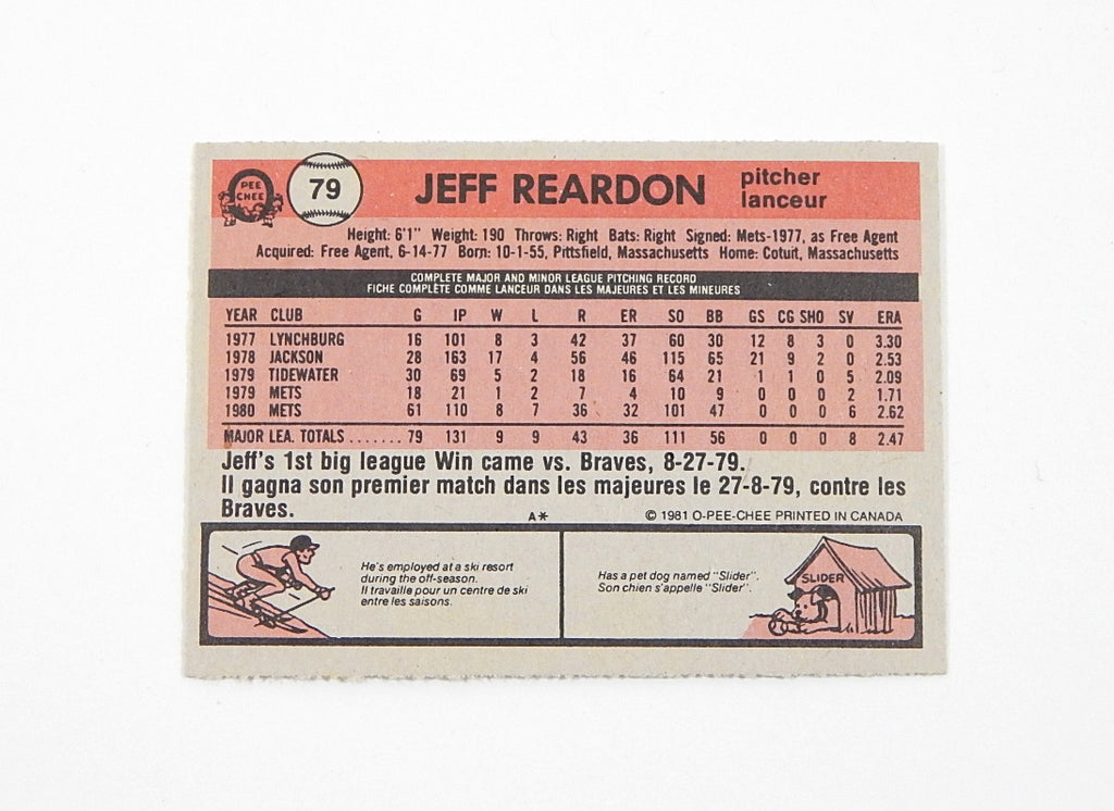 1981 OPC O-Pee-Chee Jeff Reardon #79 Mets Nm/Mt Pic2
