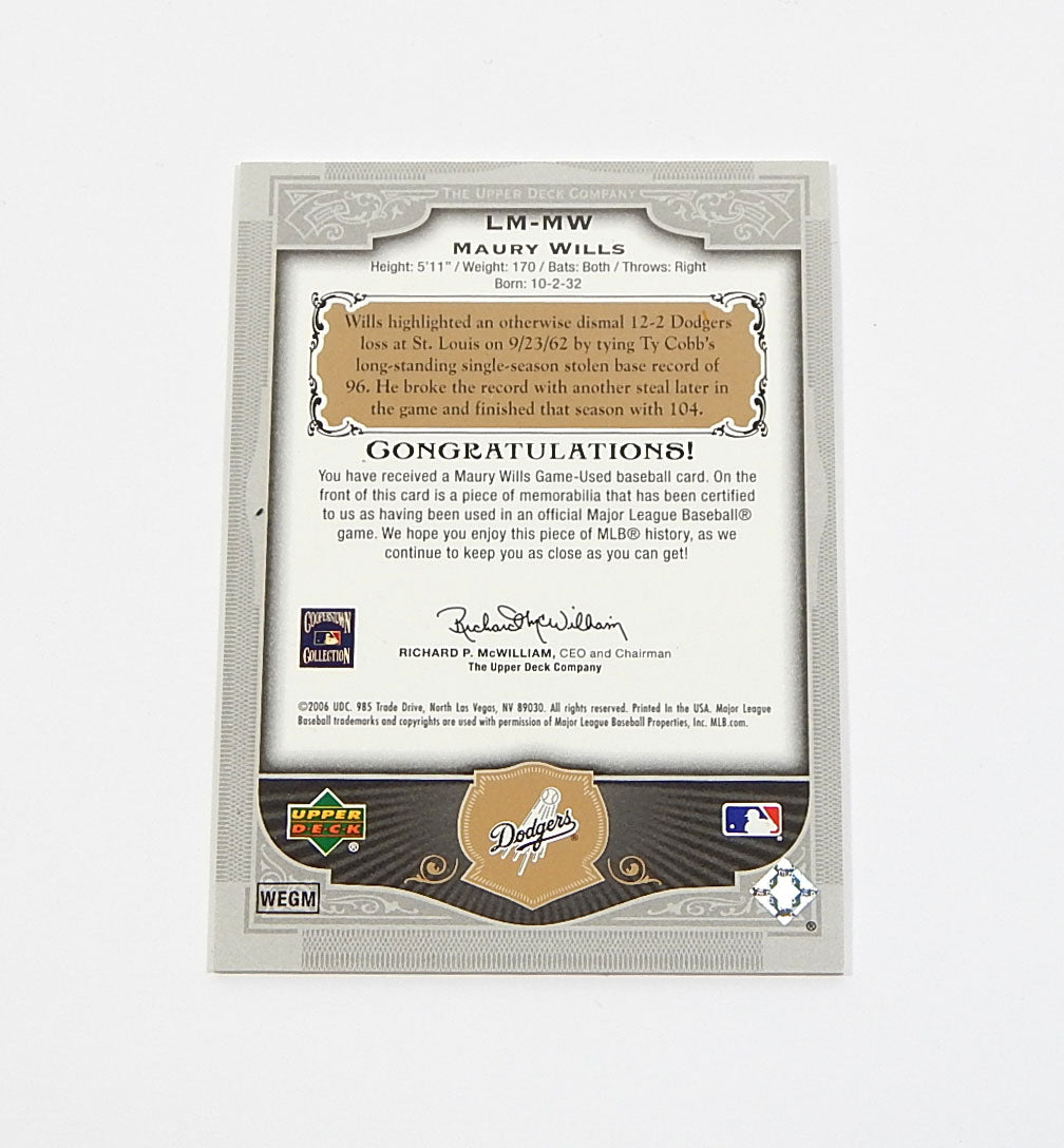 2006 SP Legendary Cuts Legendary Materials Gold Maury Wills Game Used Bat /225 Pic2