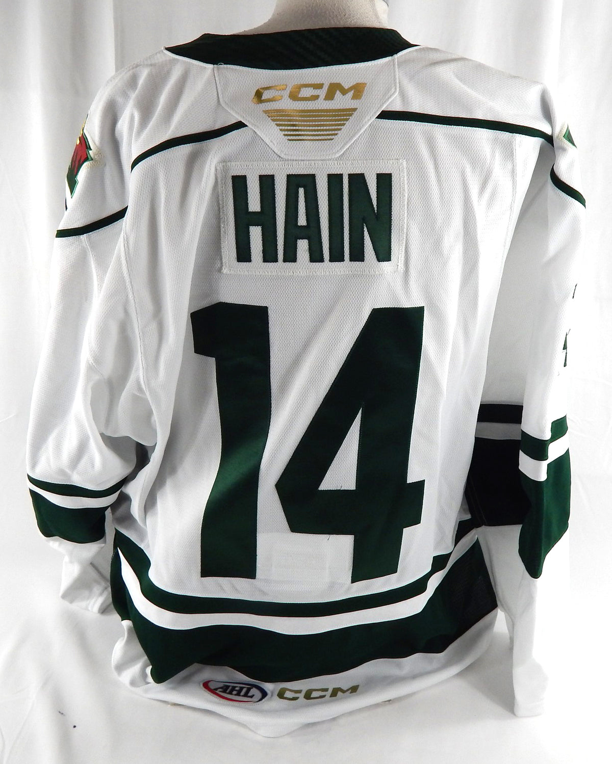 2023-25 Iowa Wild Gavin Hain #14 Game Used White Jersey 56 456 Pic2