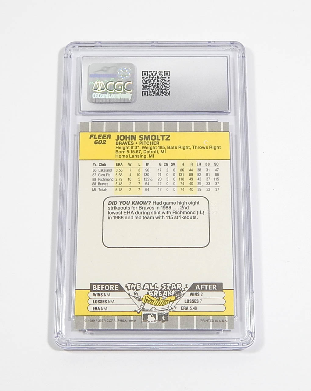 1989 Fleer John Smoltz RC #602 Rookie CGC 9.5 Pic2