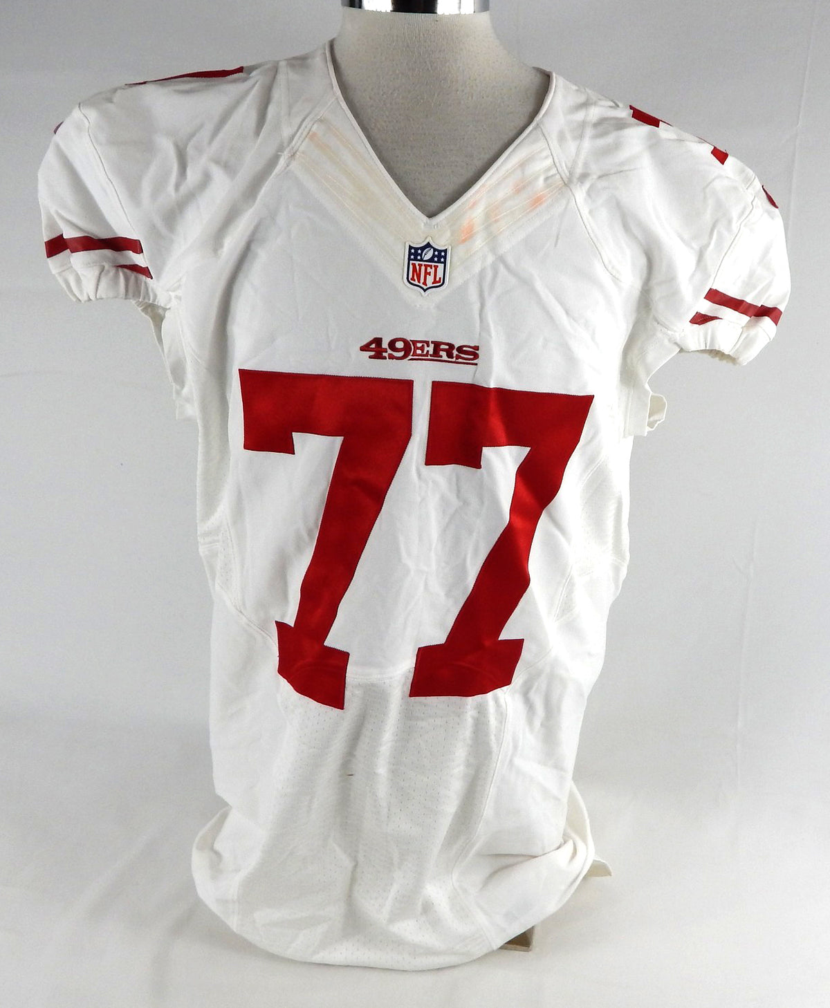 San Francisco 49ers Michael Iupati #77 Game Used White Jersey NP Rem 63 2013