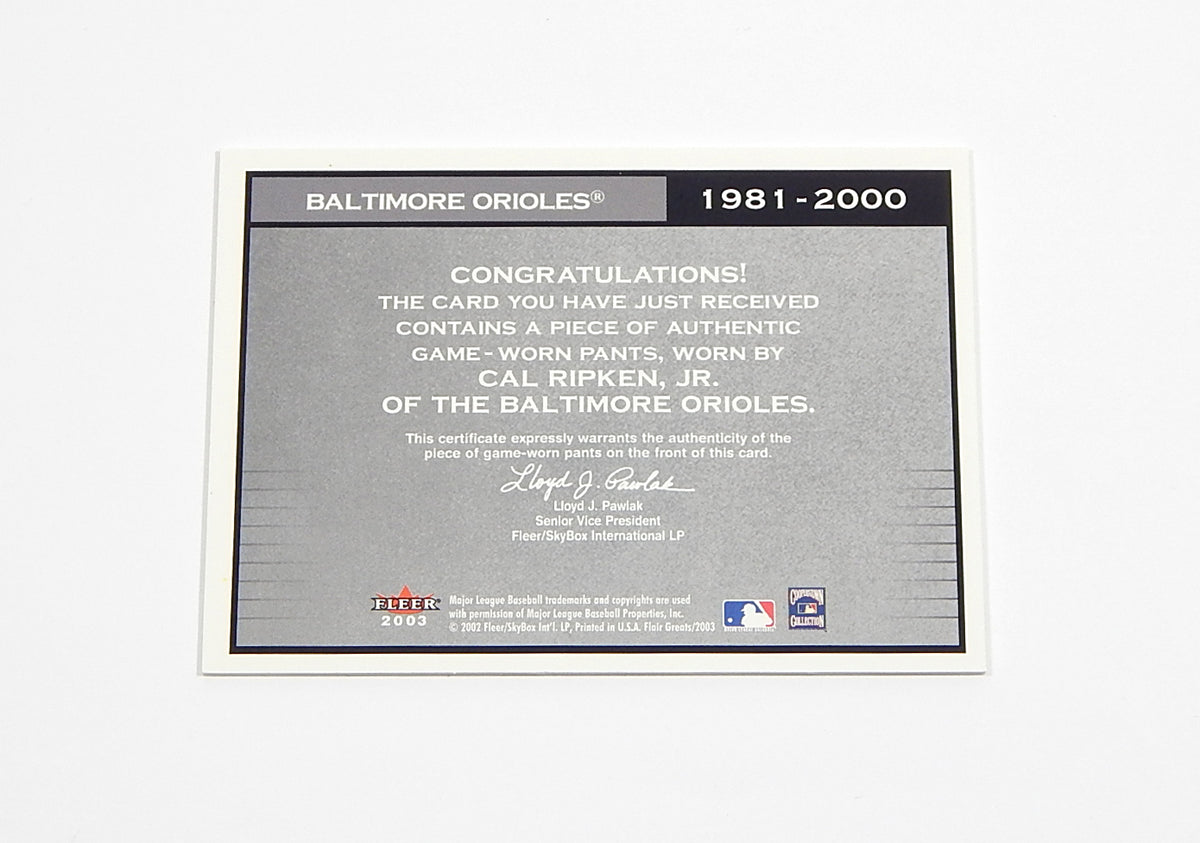 # 2003 Flair Greats Cut of History Game Used Cal Ripken Jr. #22 GU Pants Relic Pic2