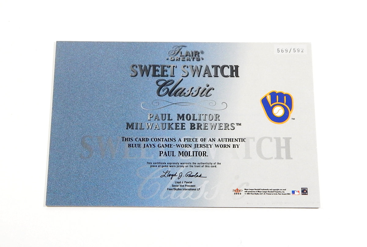 2003 Flair Greats Sweet Swatch Classic Box Topper Paul Molitor GU Jersey # /592 Pic2