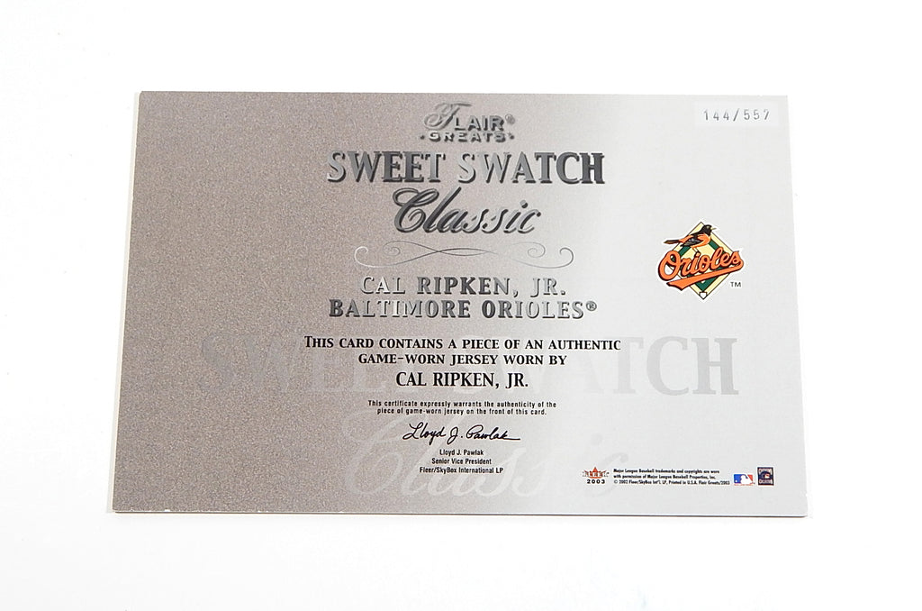 2003 Flair Greats Sweet Swatch Classic Box Topper Cal Ripken GU Jersey #'d /557 Pic2