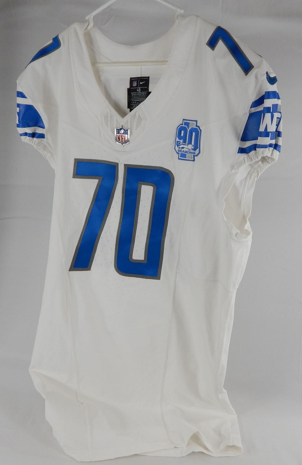 2023 Detroit Lions Germain Ifedi #70 Game Issued White Jersey 90th Patch 48 1