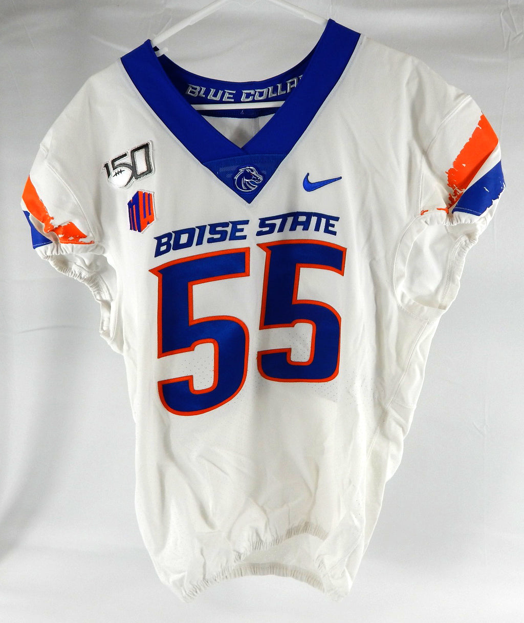 2019 Boise State Broncos #55 Game Used White Jersey 150 Patch Football NP R 46 2