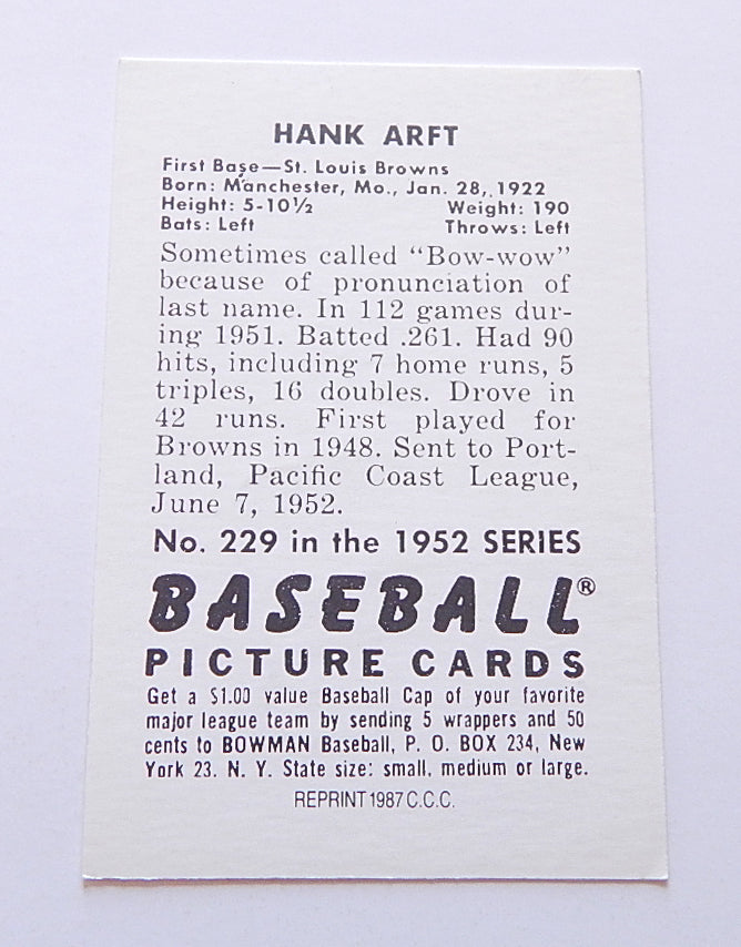 1952 Bowman Reprint Hank Arft #229 Signed Card Browns Auto Autograph Pic2