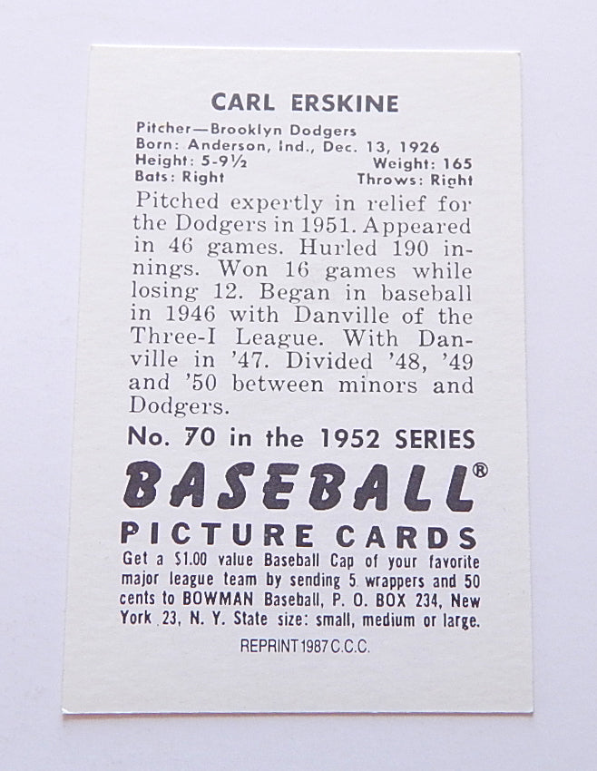 1952 Bowman Reprint Carl Erskine #70 Signed Card Dodgers Auto Autograph Pic2