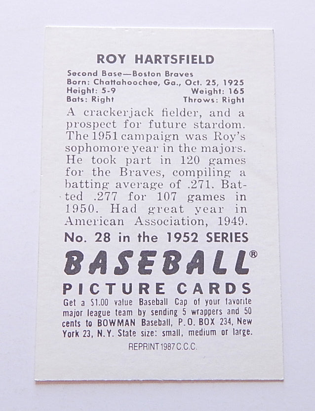 1952 Bowman Reprint Roy Hartsfield #28 Signed Card Braves Auto Autograph Pic2
