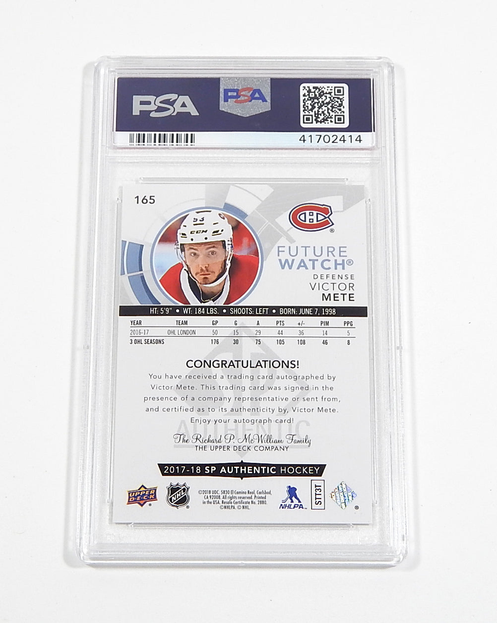 2017-18 SP Authentic Autograph Victor Mete #165 Auto #'d /999 PSA 10 Pic2