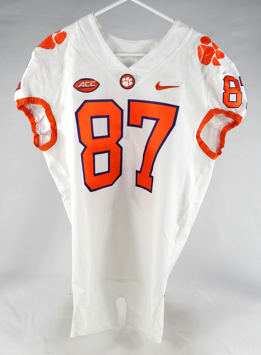 2018-22 Clemson Tigers #87 Game Used White Jersey Nameplate Removed 44 636