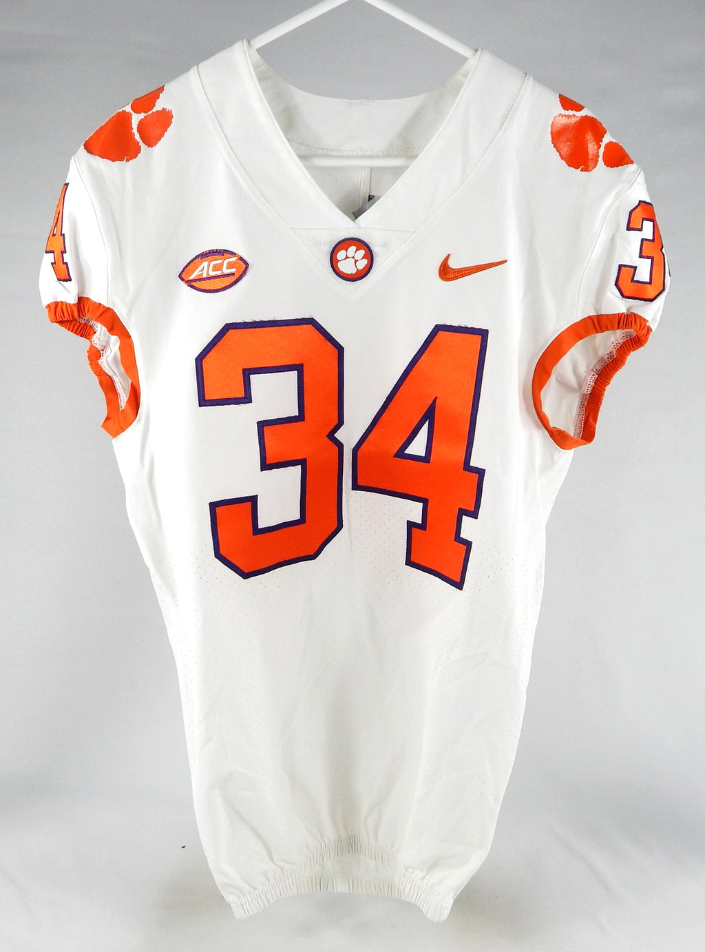 2018-22 Clemson Tigers #34 Game Used White Jersey Nameplate Removed 42 638