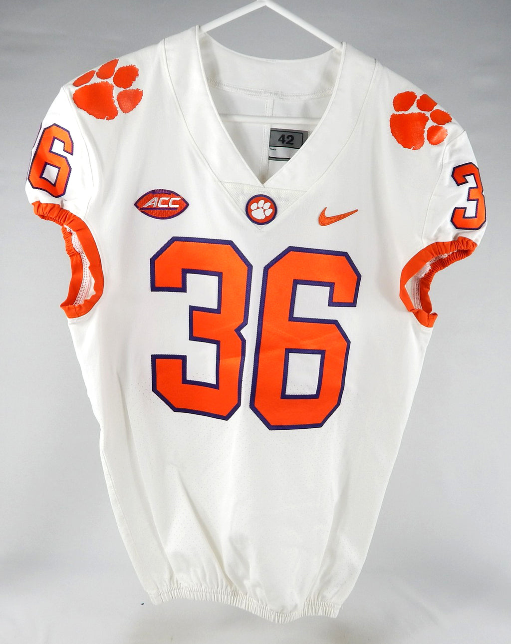 2018-22 Clemson Tigers #36 Game Used White Jersey Nameplate Removed 42 645