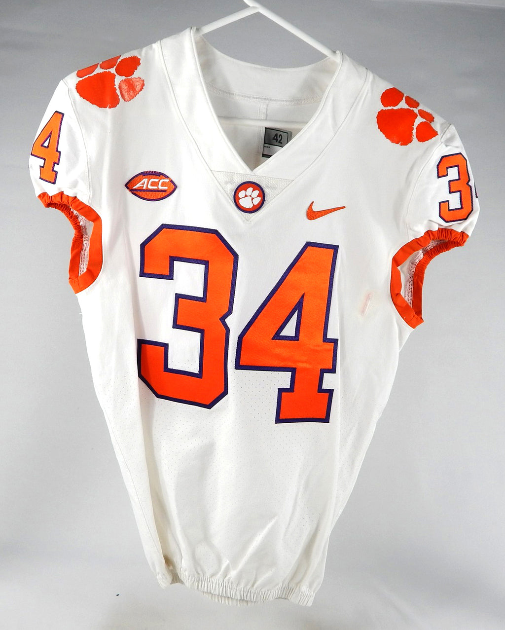 2018-22 Clemson Tigers #34 Game Used White Jersey Nameplate Removed 42 647