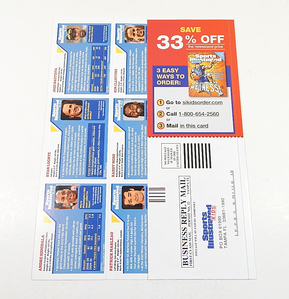 2010 Sports Illustrated for Kids 9-Card Uncut Sheet Ryan Lochte Randy Moss Pic2