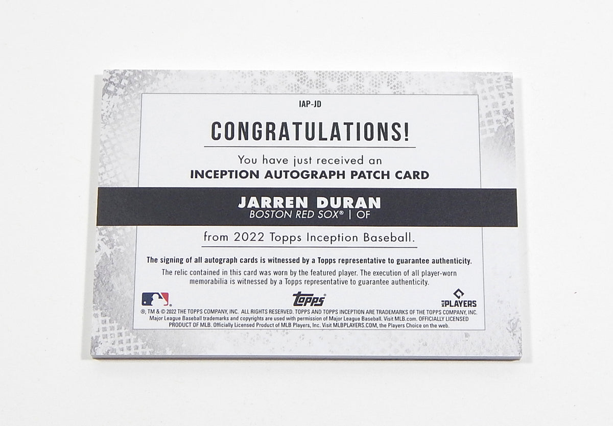 2022 Topps Inception Autograph Patch Jarren Duran RC #IAP-JD Auto GU Jersey /199 Pic2