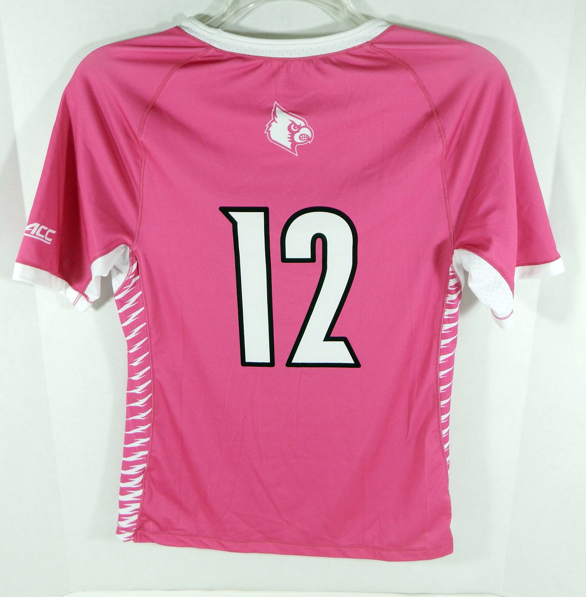 Womens Uni of Louisville Cardinals #12 Game Used Pink Jersey BCA Lacrosse L 561