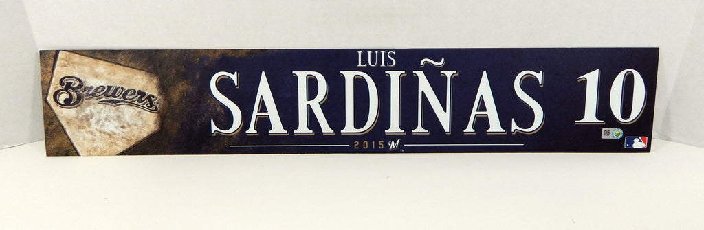 2015 Milwaukee Brewers Luis Sardinas #10 Game Issued Navy Locker Plate BREW346