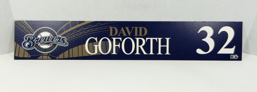 2016 Milwaukee Brewers David Goforth #32 Game Issued Navy Locker Plate BREW359