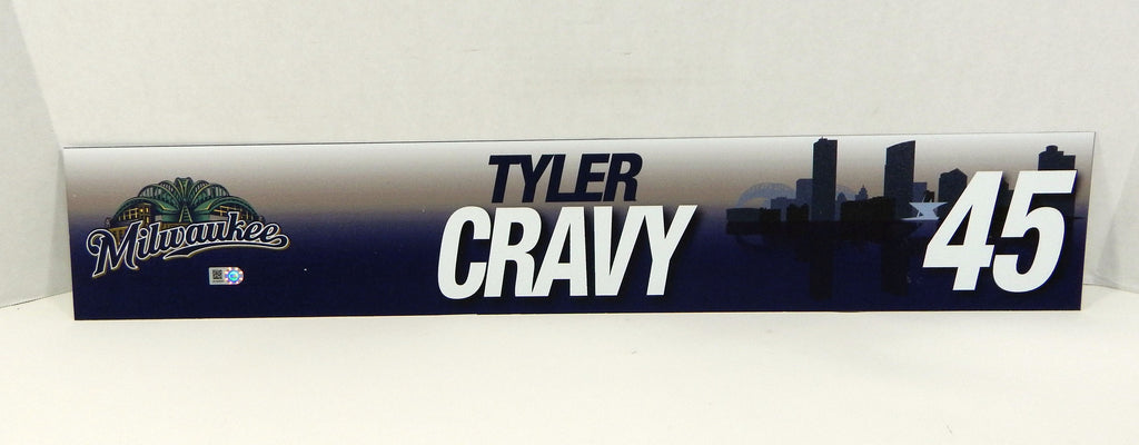 2017 Milwaukee Brewers Tyler Cravy #45 Game Issued Navy Locker Plate BREW373
