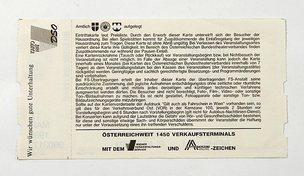 KISS 3-D Tour Unused Ticket Stub Vienna Austria 3/17/1999 Pic2