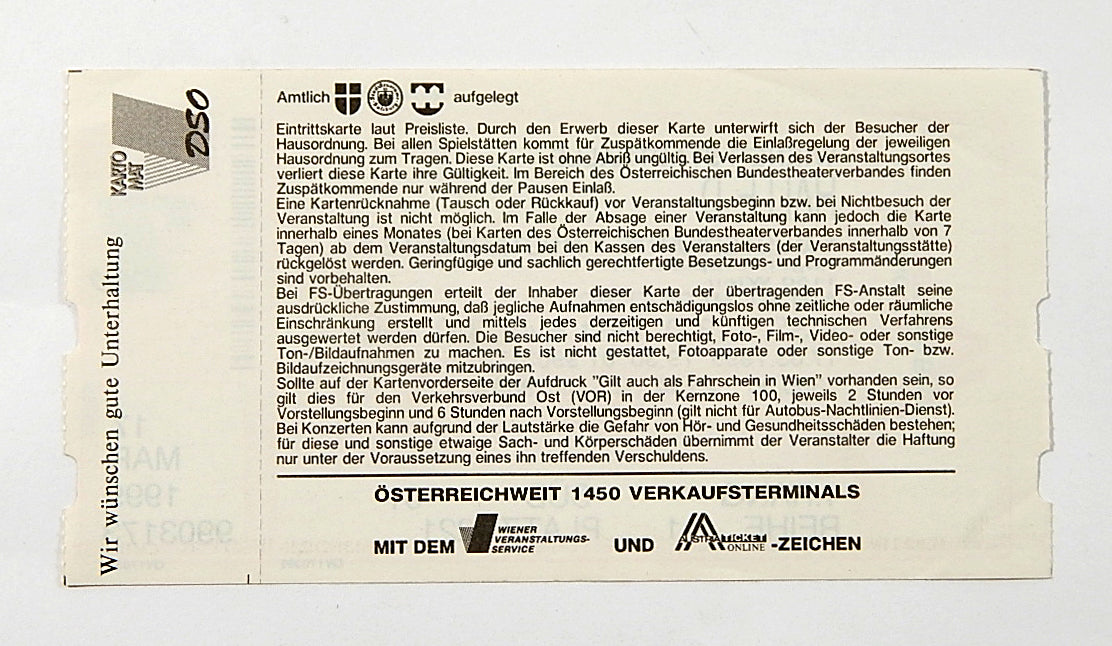 KISS 3-D Tour Unused Ticket Stub Vienna Austria 3/17/1999 Pic2