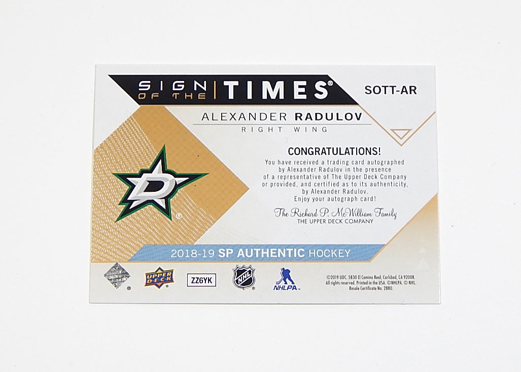 2018-19 SP Authentic Sign of the Times Alexander Radulov #SOTT-AR Auto Pic2