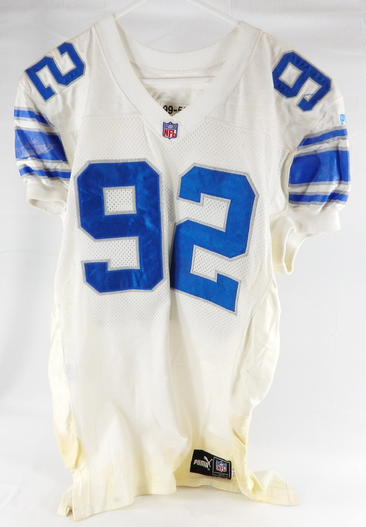 1999 Detroit Lions Mike Pringley #92 Game Used White Jersey 50 253