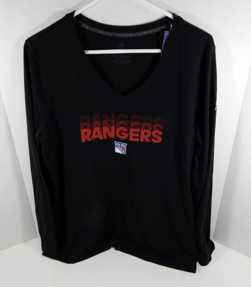 New Womens Ladies New York Rangers Black Long Sleeve V-Neck Shirt Adidas XL NWT