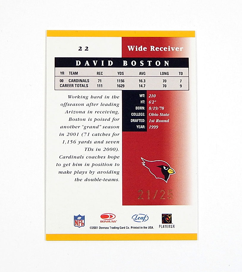 2001 Leaf Certified Materials Mirror Gold David Boston RC #22 #'d 21/25 Pic2