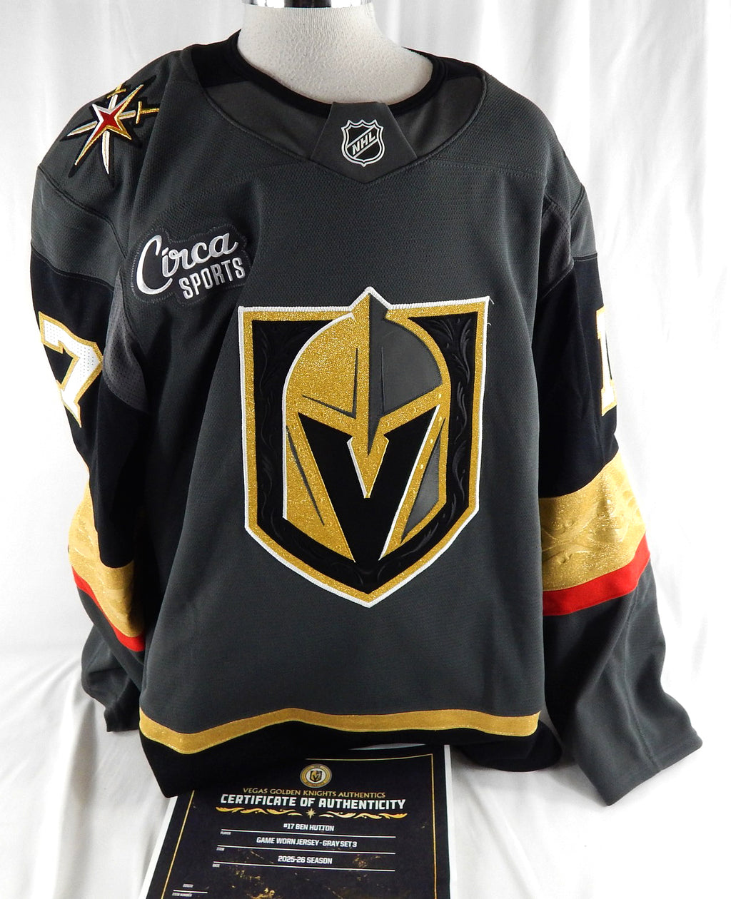 2025-26 Vegas Golden Knights Ben Hutton #17 Game Used Grey Jersey Set 3 56 497