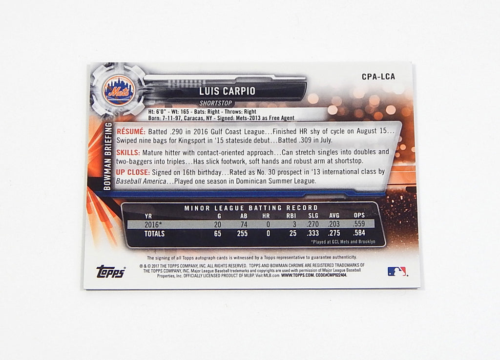 2017 Bowman Chrome Prospect Autographs 70th Blue Refractor Luis Carpio Auto Pic2