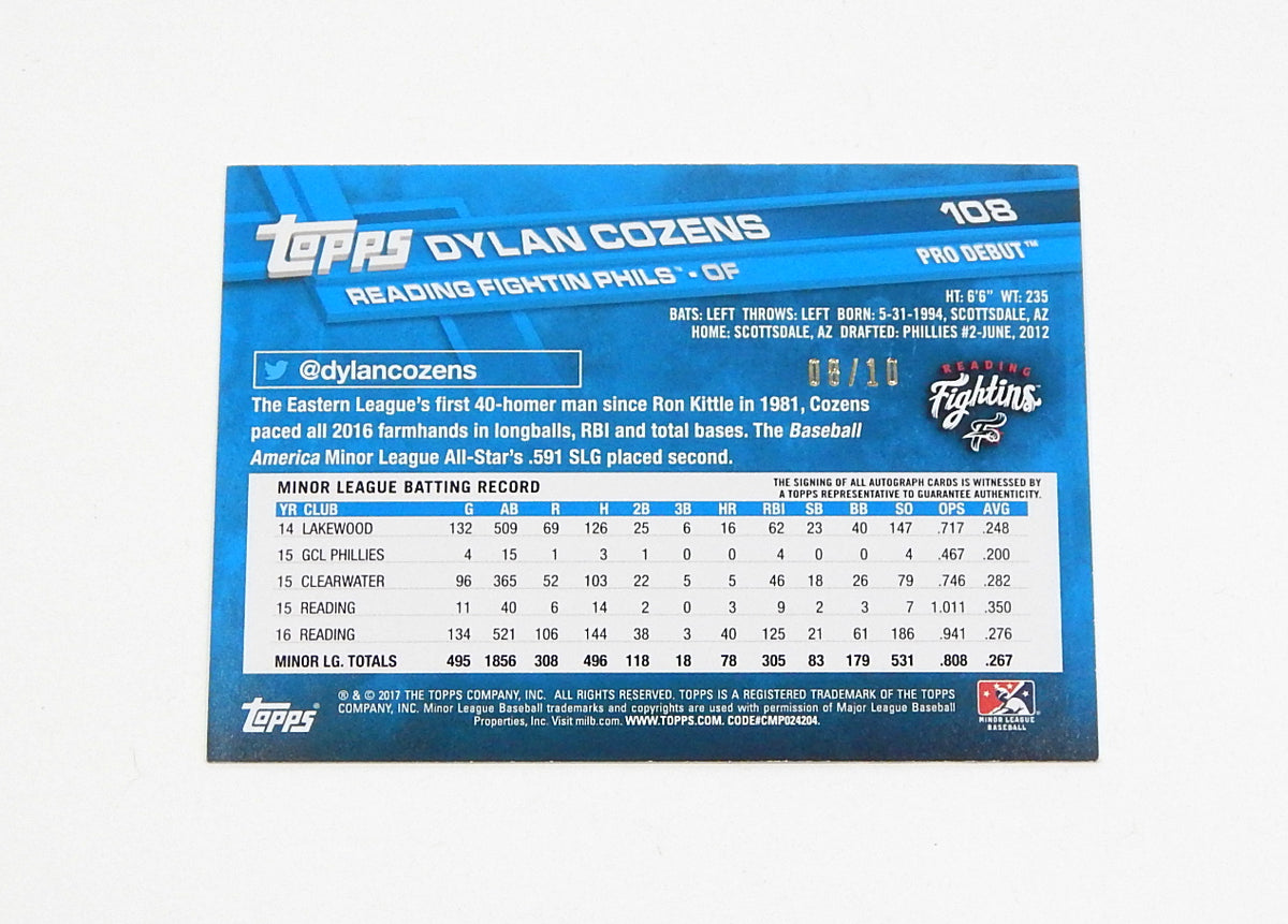2017 Topps Pro Debut Autographs Red Dylan Cozens #108 Auto #'d 08/10 Pic2
