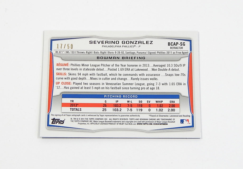2014 Bowman Chrome Prospect Autograph Blue Wave Refractor Severino Gonzalez /50 Pic2