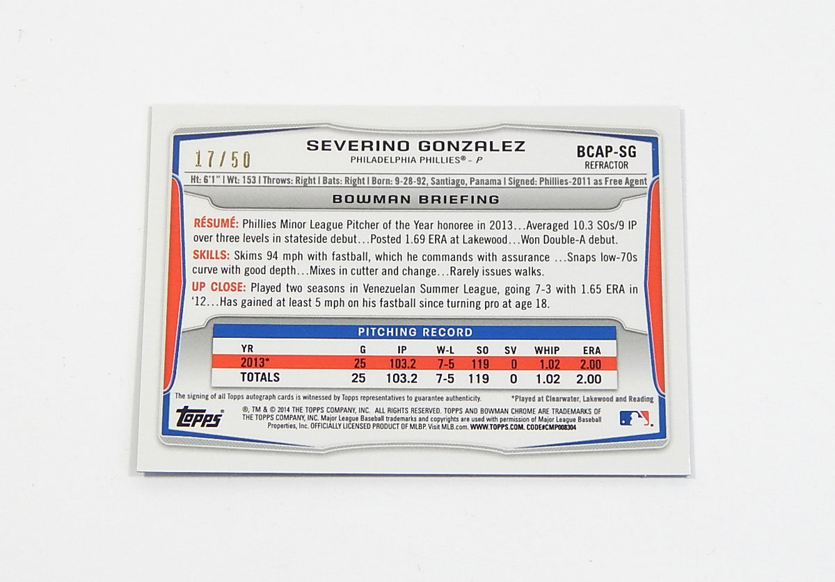 2014 Bowman Chrome Prospect Autograph Blue Wave Refractor Severino Gonzalez /50 Pic2