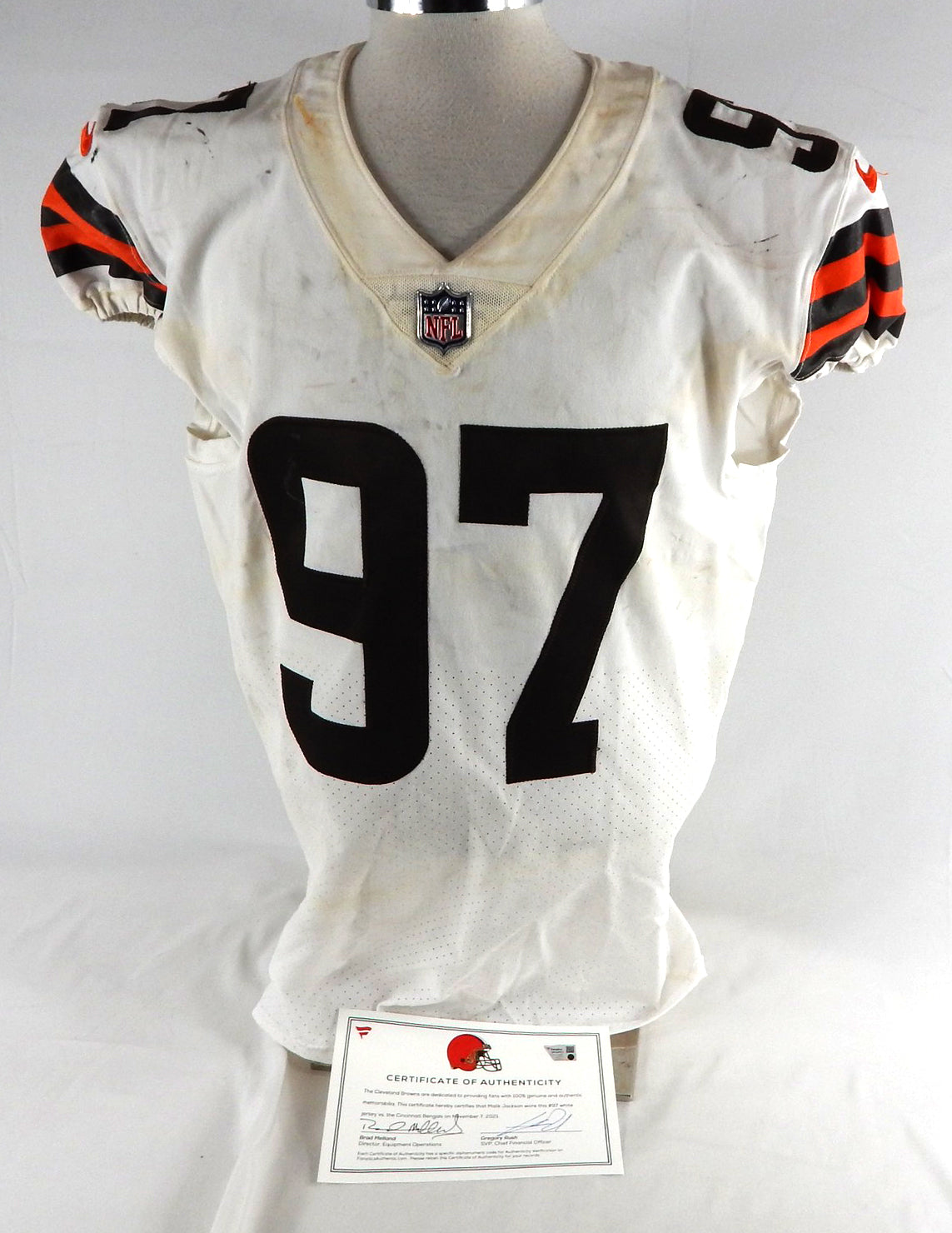 2021 Cleveland Browns Malik Jackson #97 Game Used White Jersey vs Bengals 11/11