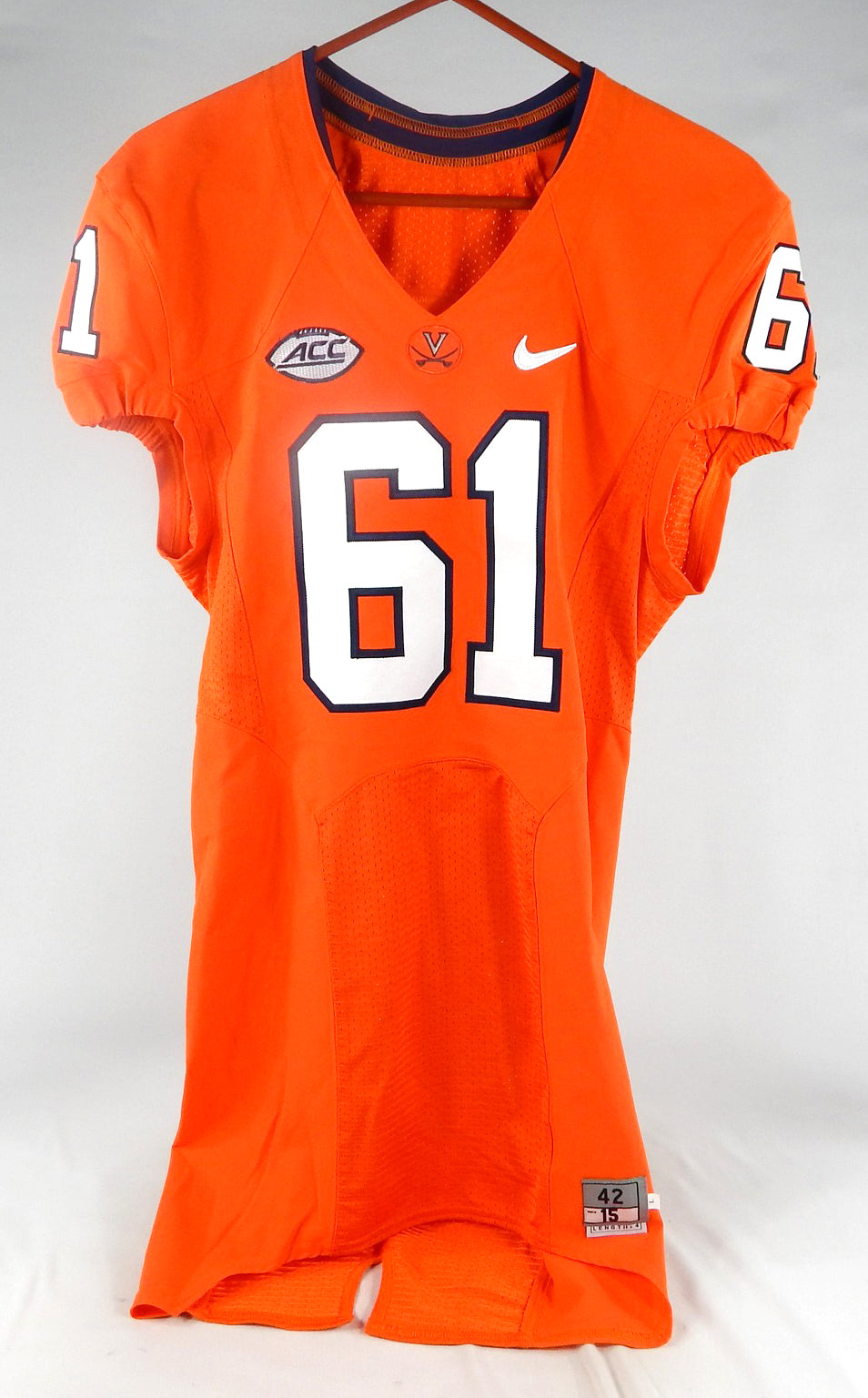 2015 Virginia Cavaliers #61 Game Used Orange Jersey NP Rem 42 104