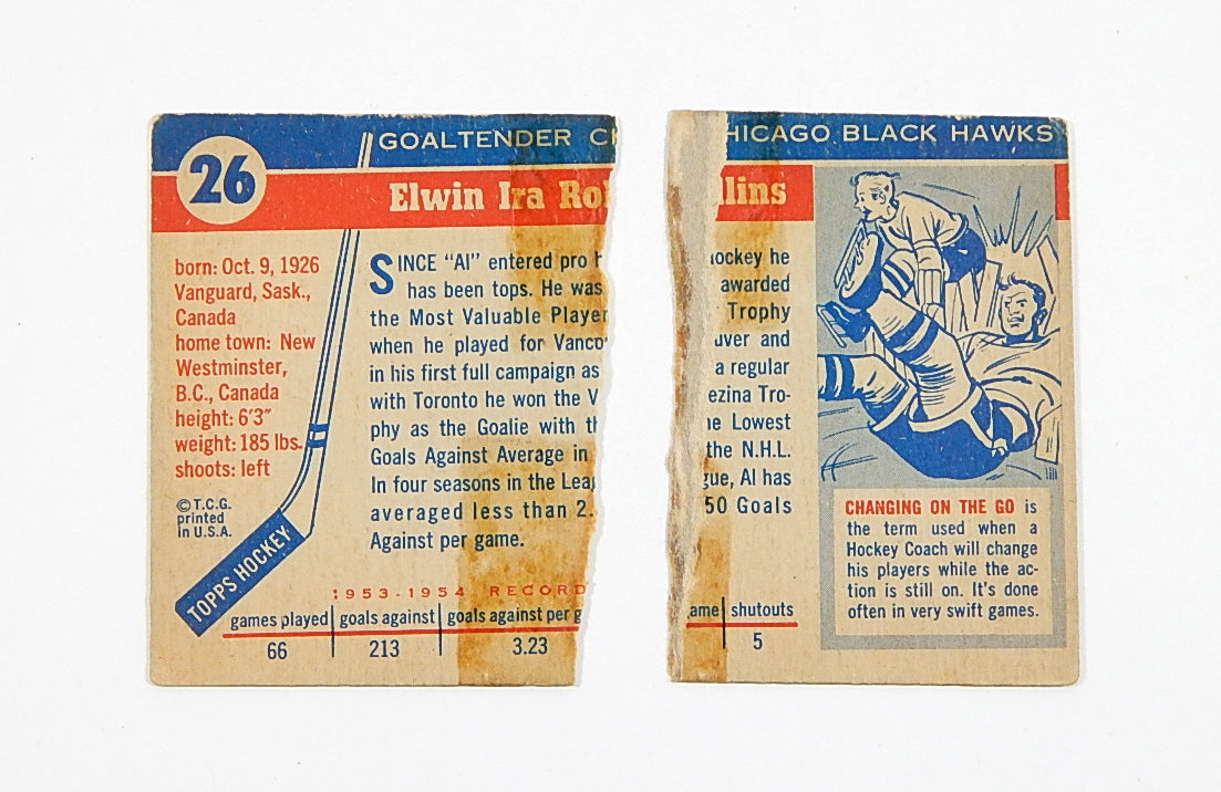 1954-55 Topps Al Rollins #26 Blackhawks Torn Pic2