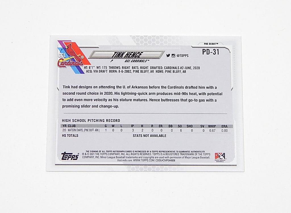 2021 Topps Pro Debut Tink Hence #PD-31 Auto Autograph Pic2