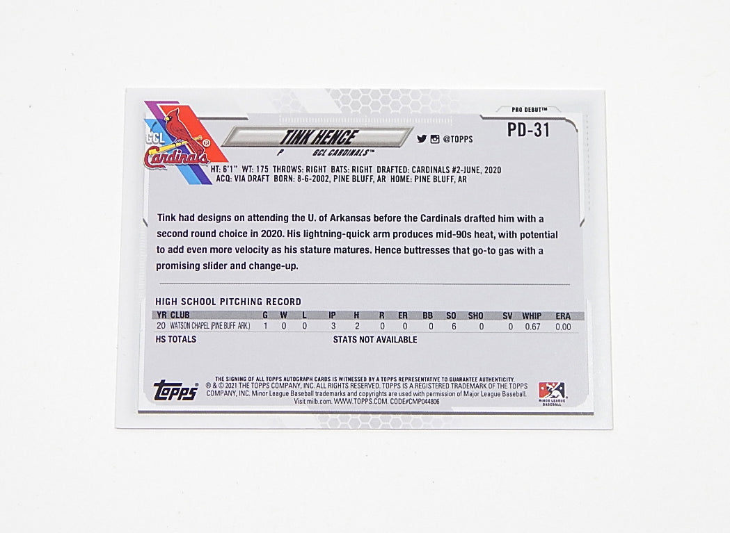 2021 Topps Pro Debut Tink Hence #PD-31 Auto Autograph Pic2