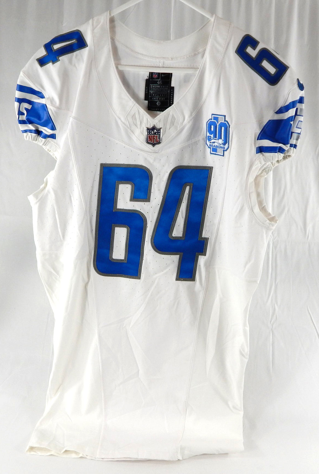 2023 Detroit Lions Brad Cecil #64 Game Issued White Jersey 90 Seasons Patch 46 9