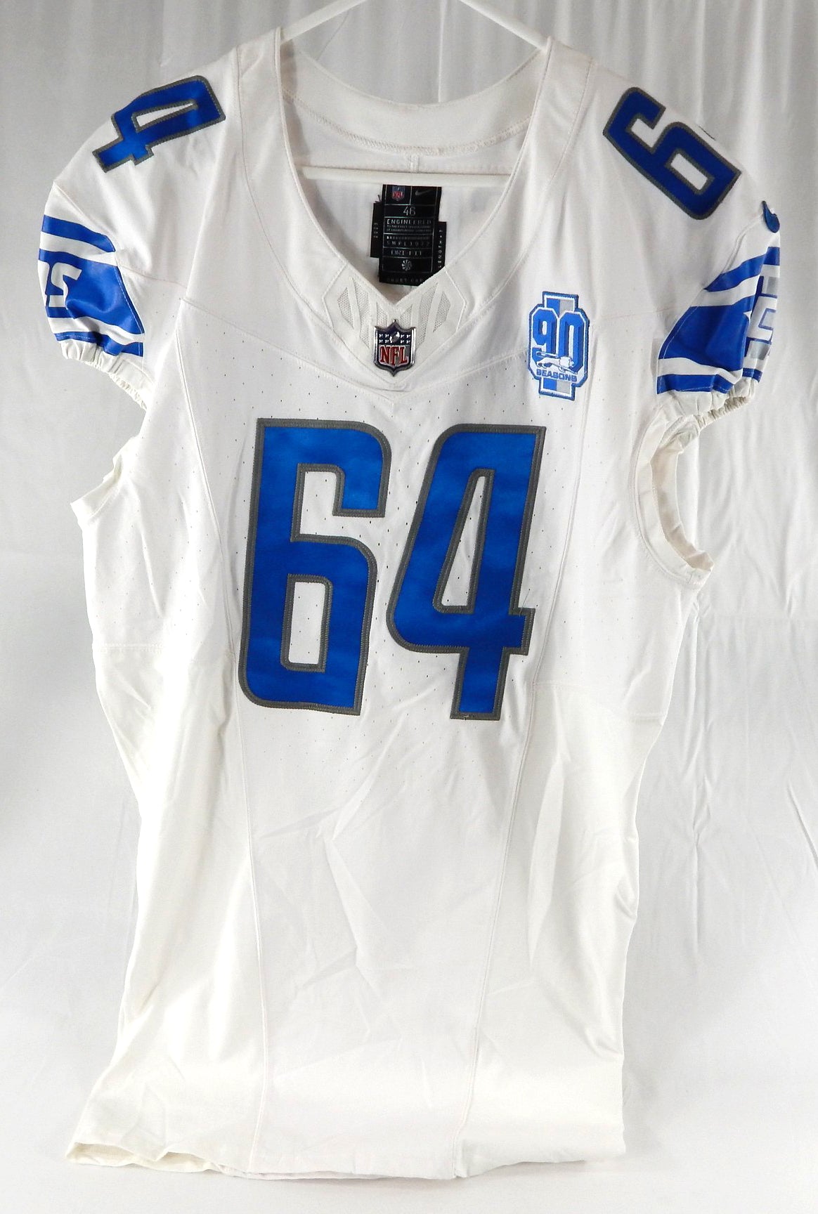 2023 Detroit Lions Brad Cecil #64 Game Issued White Jersey 90 Seasons Patch 46 9
