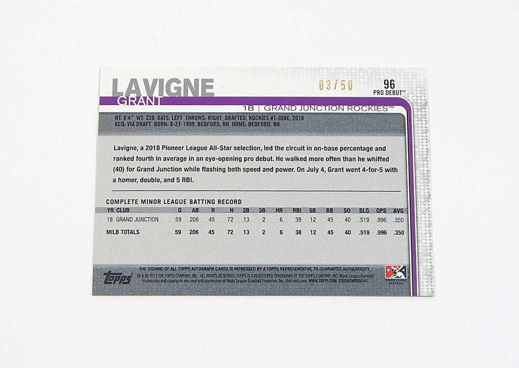 2019 Topps Pro Debut Autographs Gold Grant Lavigne #96 Auto #'d /50 Pic2