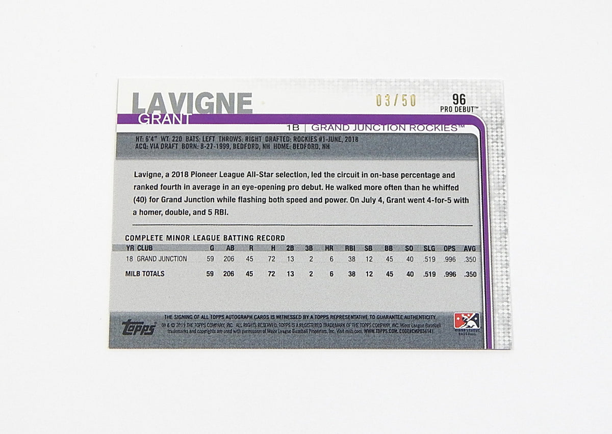 2019 Topps Pro Debut Autographs Gold Grant Lavigne #96 Auto #'d /50 Pic2