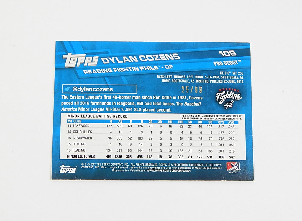 2017 Topps Pro Debut Autographs Green Dylan Cozens #108 Auto #'d /99 Pic2