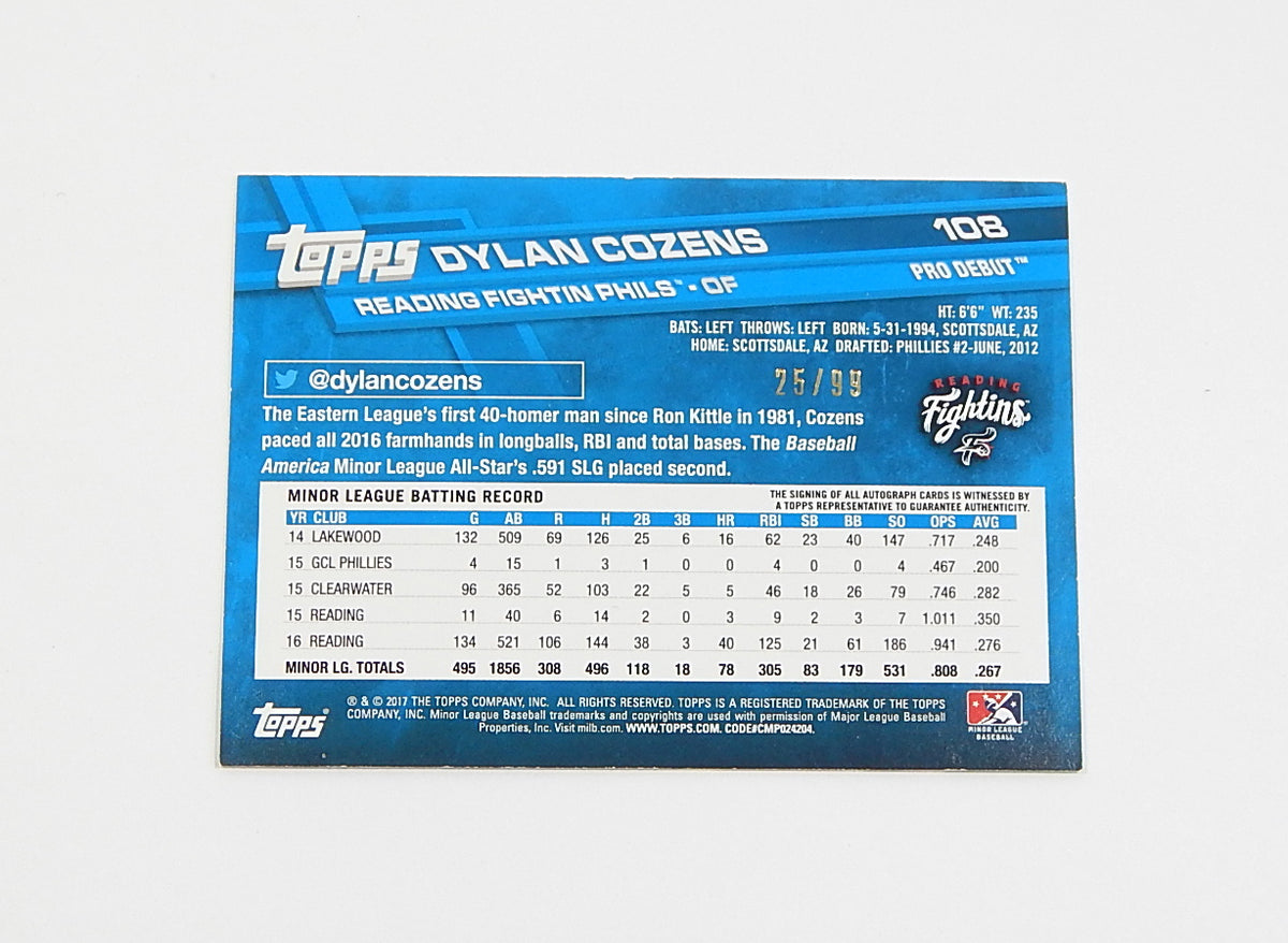 2017 Topps Pro Debut Autographs Green Dylan Cozens #108 Auto #'d /99 Pic2