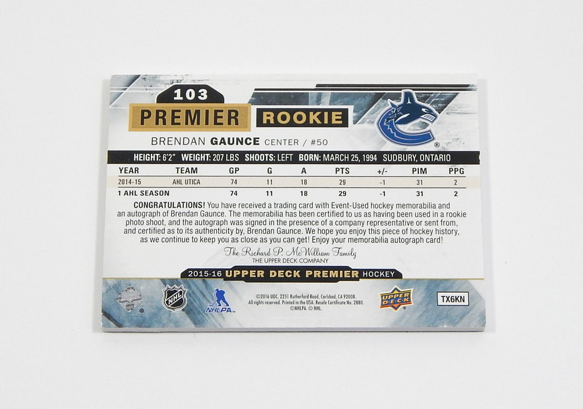 2015-16 Upper Deck Premier Brendan Gaunce RC #103 Auto Jersey Patch #'d /375 Pic2